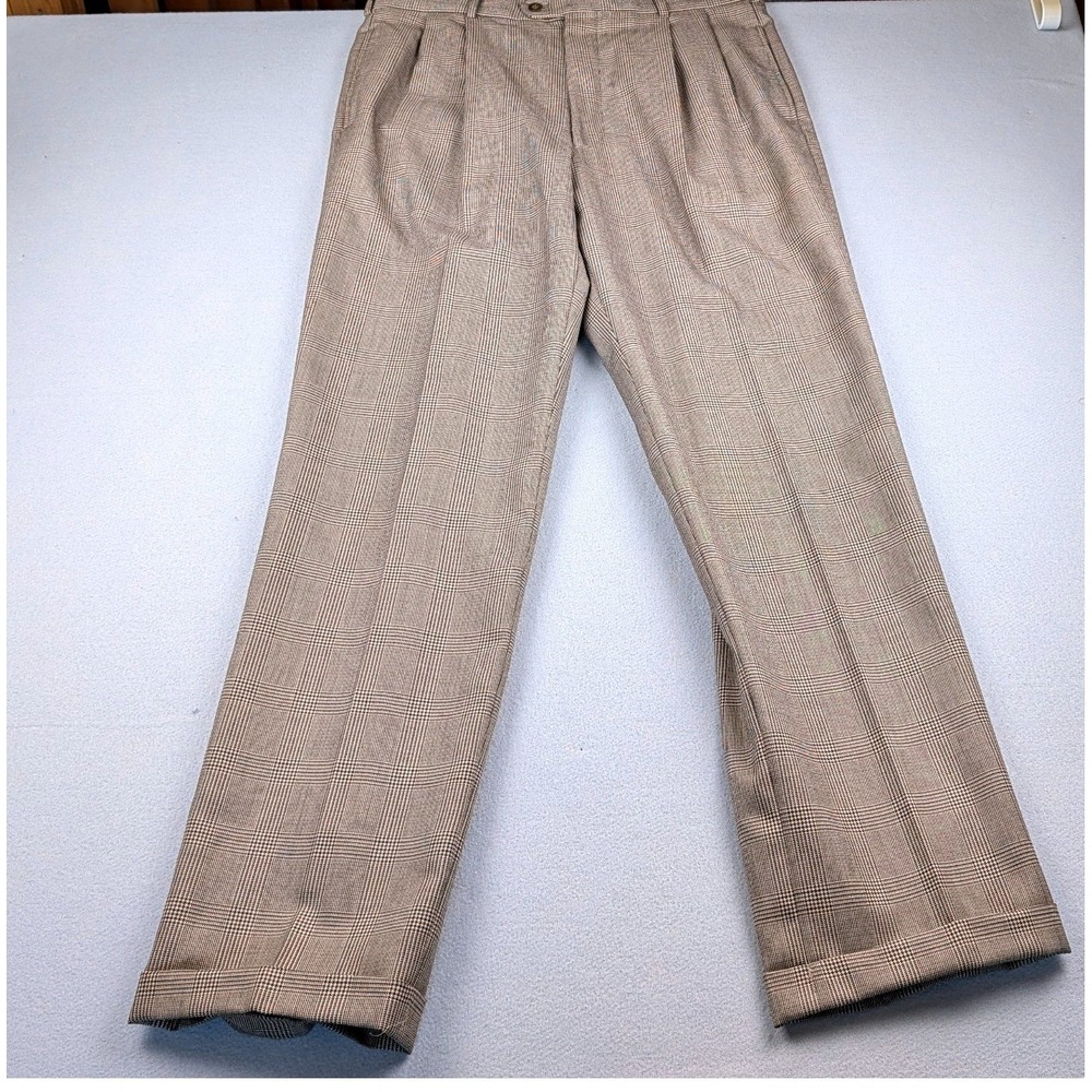 J Riggins Mens Glen‎ Plaid Pleated Dress Pants Tan Brown Wool Blend Cuffed 35L